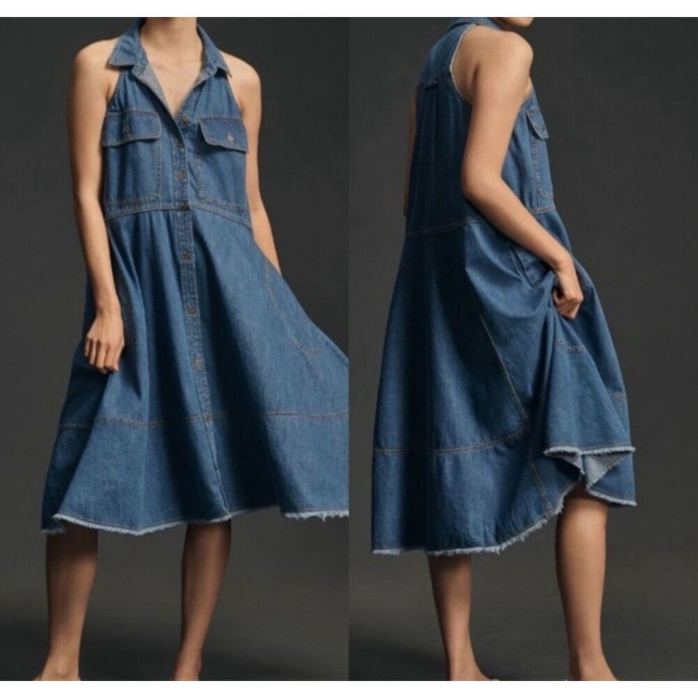 Pilcro Sleeveless Denim Halter Swing Midi Dress Pocket Frayed Hem Size XLP boho